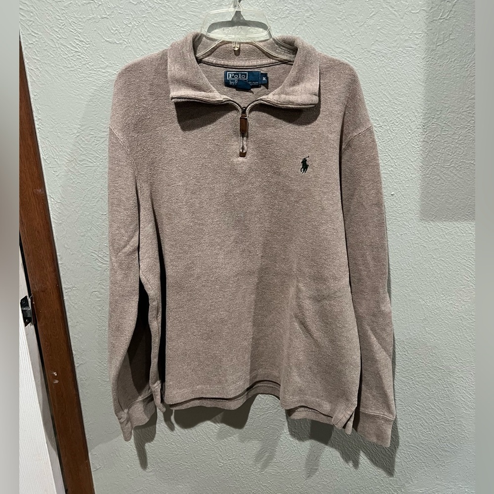Ralph Lauren Men's Beige Quarter Zip Sweater Size M Green Logo EUC